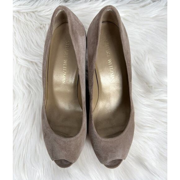 Stuart Weitzman Anna Peep Toe Suede Wedges 8 Brown Slip On Cork Platform Pumps - Picture 2 of 11